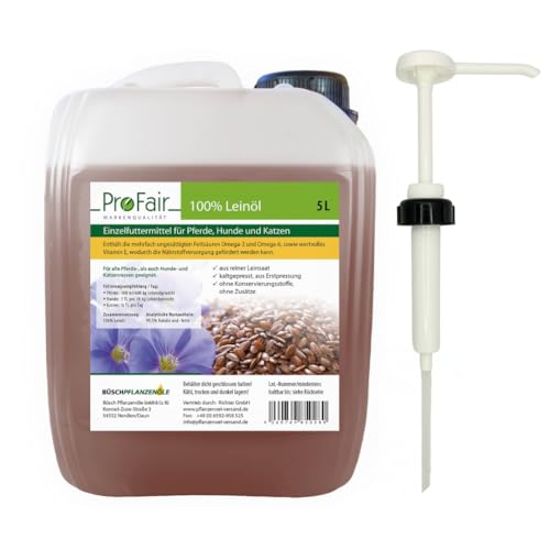 ProFair 5-Liter Leinöl + Kanisterpumpe | kaltgepresst, 100% aus reiner Leinsaat, ohne Zusätze, Einzelfuttermittel für Pferd, Hund und Katze ProFair 5-Liter Leinöl + Kanisterpumpe | kaltgepresst, 100% aus reiner Leinsaat, ohne Zusätze, Einzelfuttermittel für Pferd, Hund und Katze von ProFair