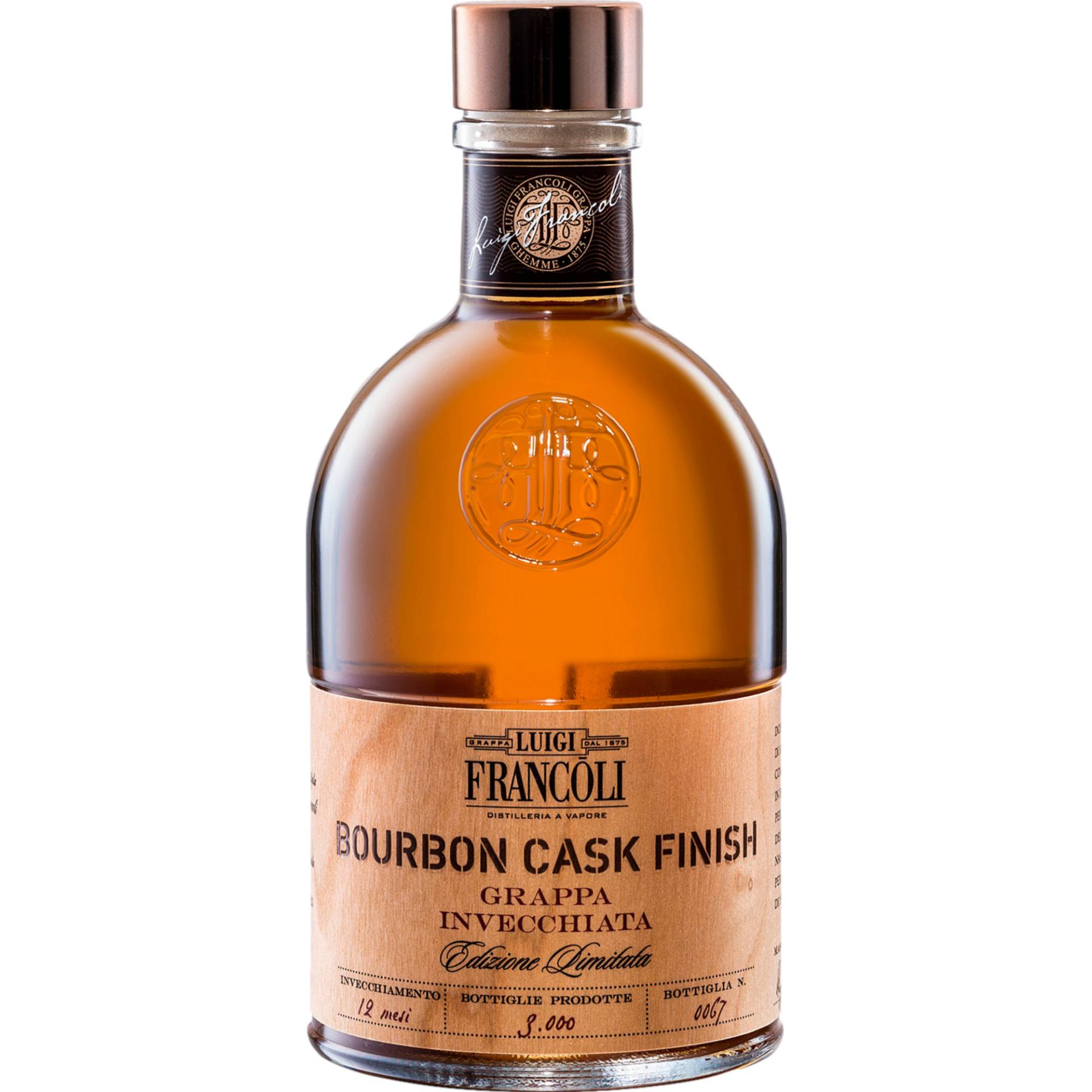 Luigi Francoli Grappa Bourbon Cask Finish, Italien, 0,5 L, 41,5% Vol., Spirituosen von Prodotto e messa in bottiglia da Distillerie Francoli Via Romagna No 20 Ghemme (NO) Italia