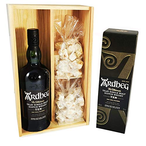 Ardbeg - Single Malt Whisky in Schachtel & 2 * 150 Gramm Nougadets Haselnüsse - Jonquier Deux Frères - In Holzkiste von Wine And More