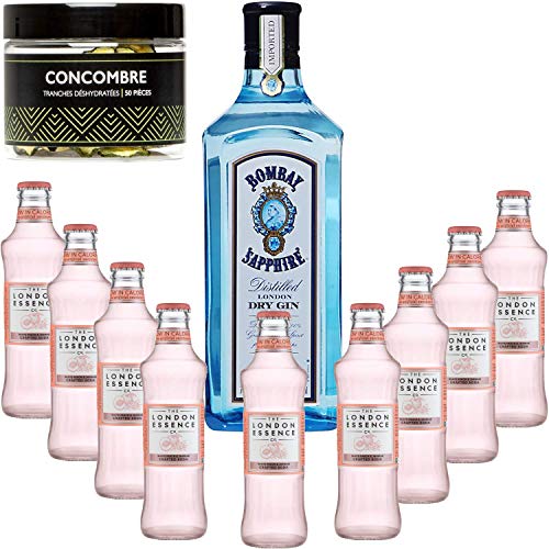 Gintonic - Bombay Sapphire Gin 40 ° + 9London Essence"White Peach & Jasmin" - (70cl 20cl + 9 *) + Pot 50 Scheiben Gurke dehydriert. von Wine And More