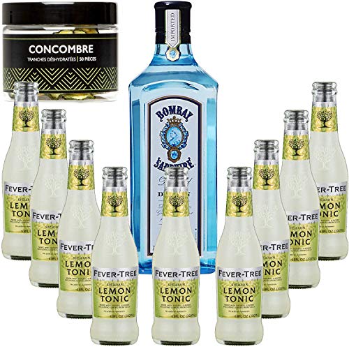 Gintonic - Gin Bombay Sapphire 40 ° + 9Fever Sicilian Lemon Tree Water - (70cl + 9 * 20cl) + Pot 50 Gurken getrocknet. von Wine And More
