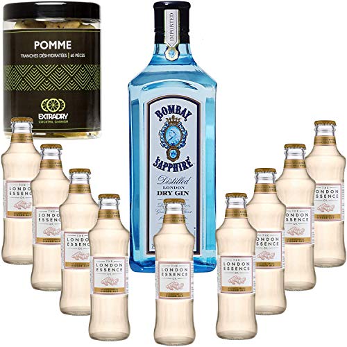 Gintonic - Gin Bombay Sapphire 40 ° + 9London Essence „Ginger Ale‚- (70cl + 9 * 20cl) + Pot 60 Scheiben dehydriert Apfel. von Wine And More