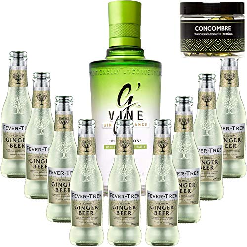 Gintonic Pack - G'Vine + 9 Fever Tree Ginger Beer Water - (70cl + 9 * 20cl) + Pot 50 Gurken getrocknet von Wine And More