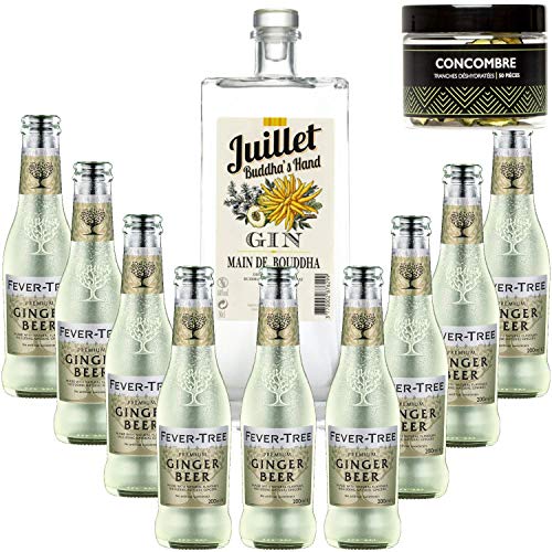 Pack Gintonic - Ferroni Gin Juillet"Main de Boudha" + 9 Fever Tree Ginger Beer Water - (50cl + 9 * 20cl) + Pot de 50 tranches de Concombre déshydratées von Wine And More