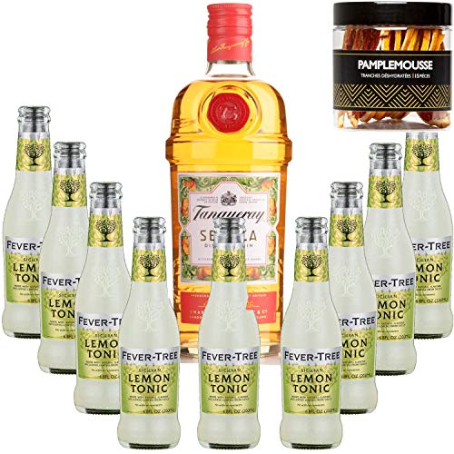 Pack Gintonic - Gin Tranqueray Flor de Sevilla + 9 Fever Sicilian Lemon Tree Water - (70cl + 9 * 20cl) + Pot 15 Scheiben Grapefruit getrocknet von Wine And More