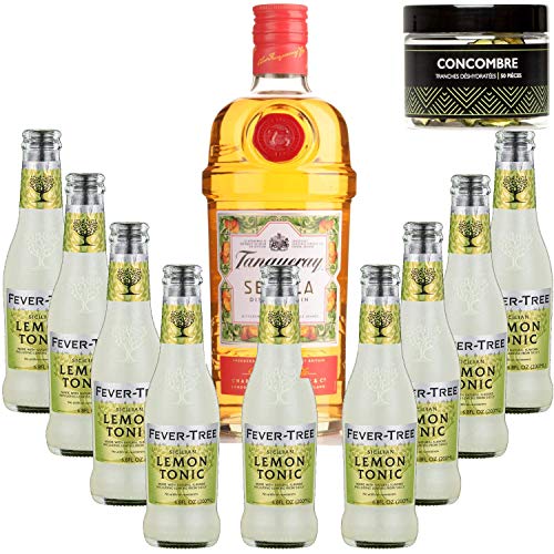 Pack Gintonic - Gin Tranqueray Flor de Sevilla + 9 Fever Sicilian Lemon Tree Water - (70cl + 9 * 20cl) + Pot 50 Gurken getrocknet von Wine And More