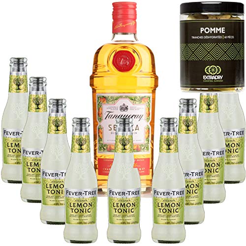 Pack Gintonic - Gin Tranqueray Flor de Sevilla + 9 Fever Sicilian Lemon Tree Water - (70cl + 9 * 20cl) + Pot 60 Scheiben von Apple Dehydrierte von Wine And More