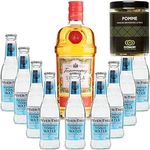 Pack Gintonic - Gin Tranqueray Flor de Sevilla 9 Fever Tree Mittelmeer Water - (70cl 20cl + 9 *) + 60 Pot Scheiben dehydriert Apfel von Wine And More