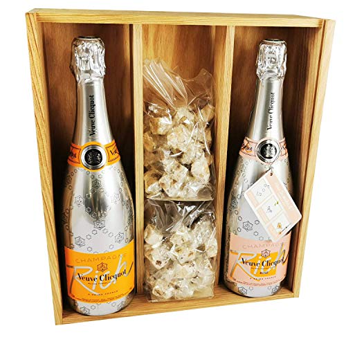 Veuve Clicquot Champagner-Mix - Rich Rosé/Rich Brut & 2 * 150 Gramm Haselnuss-Nougadets - Jonquier Deux Frères - In Holzkiste von ProvencePremiumRosé
