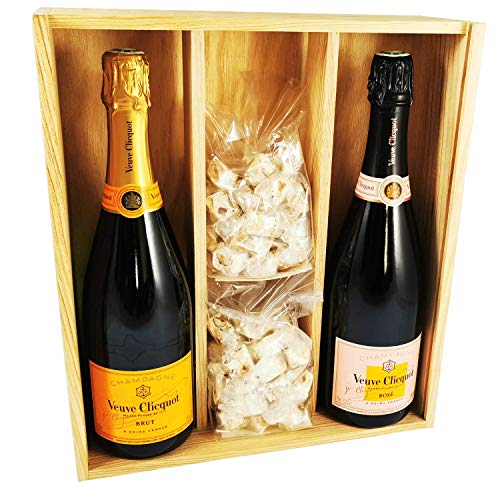 Veuve Clicquot Mix - Rosé/Gelbe Karte & 2 * 150 Gramm Haselnuss-Nougadets - Jonquier Deux Frères - In Holzkiste von Wine And More