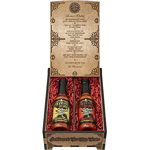 Psycho Juice Dark Arts Collection Geschenkbox aus Holz, 70 % Carolina Reaper | 70 % Ghost Pepper Chilisauce | 148 ml | Hot Soce Geschenkset von Psycho Juice