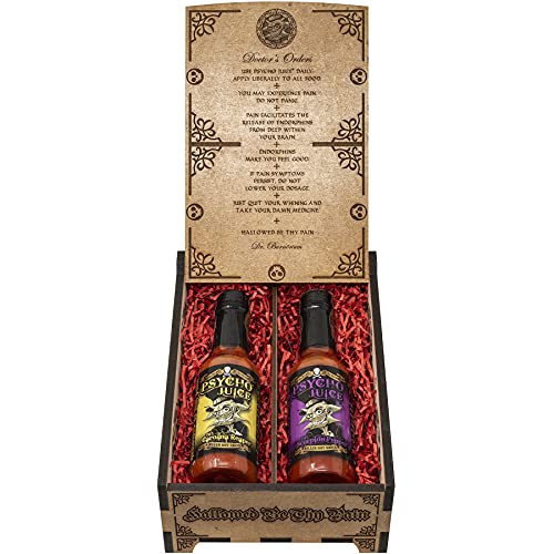 Psycho Juice Dark Arts Collection Geschenkbox aus Holz, 70 % Carolina Reaper World's heißeste Chili, 70 % Scorpion Chilisauce, 148 ml, Hot Sauce Geschenkset von Psycho Juice