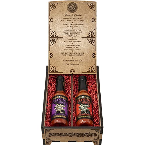 Psycho Juice Dark Arts Collection Geschenkbox aus Holz, 70 % Ghost Pepper, 70 % Scorpion Chilisauce, 148 ml, Hot Sauce von Psycho Juice