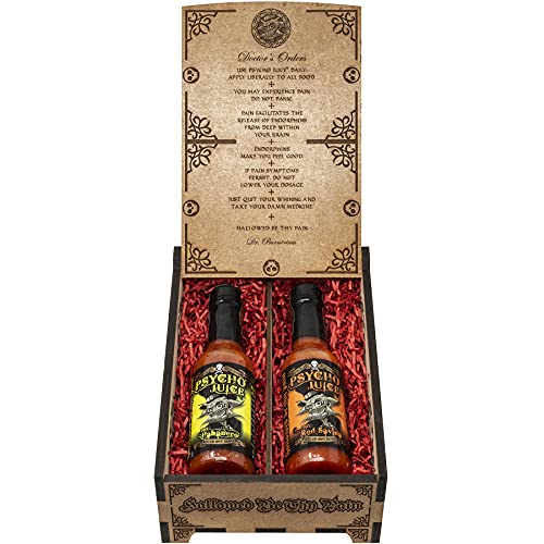Psycho Juice Dark Arts Collection Geschenkbox aus Holz, 70 % Habanero, 70 % rote Savina Chilisauce, 148 ml, Geschenk-Set von Psycho Juice