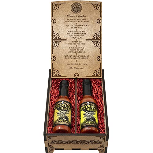 Psycho Juice Dark Arts Collection Geschenkbox aus Holz, 70 % Habanero Chilli Sauce, 70 % Carolina Reaper World's heißeste Chili, 148 ml von Psycho Juice