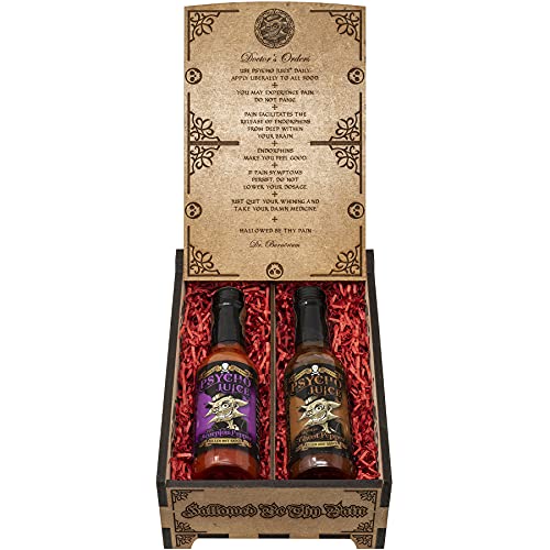 Psycho Juice Dark Arts Collection Geschenkbox aus Holz, 70 % Skorpion, Chipotle Chilisauce, 148 ml, Geschenk-Set von Psycho Juice