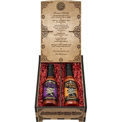 Psycho Juice Dark Arts Collection Geschenkbox aus Holz, 70 % rote Savina Chilisauce, 70 % Skorpion Chilisauce, 148 ml, Hot Chilisauce von Psycho Juice