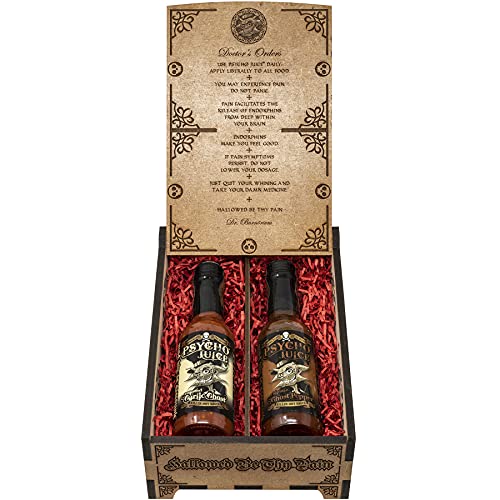 Psycho Juice Dark Arts Collection Geschenkbox aus Holz | Rösteter Knoblauch | Chipotle Chili Sauce | 148 ml | Hot Sauce Geschenkset von Psycho Juice