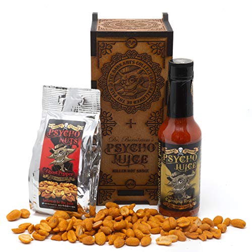 Psycho Juice Dark Arts Holz-Chilisauce & Nüsse Geschenk-Set | 70% Carolina Reaper World's heißeste Chili | 148 ml | Psychonüsse | Naga bedeckte würzige Erdnüsse von Psycho Juice