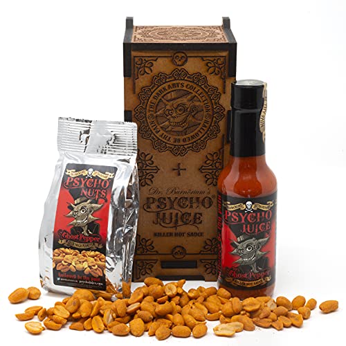 Psycho Juice Dark Arts Holz-Chilisauce & Nüsse Geschenk-Set | 70% Ghost Pepper Chili | 148 ml | Psycho-Nüsse | Naga bedeckte würzige Erdnüsse von Psycho Juice