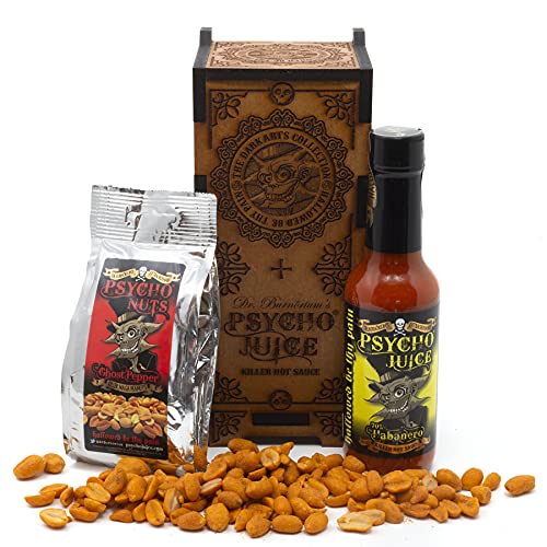 Psycho Juice Dark Arts Holz-Chilisauce & Nüsse Geschenk-Set | 70% Habanero Chili | 148 ml | Psycho-Nüsse | Naga bedeckte würzige Erdnüsse von Psycho Juice