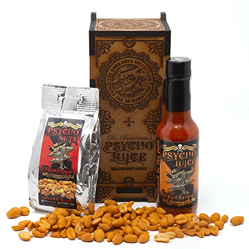 Psycho Juice Dark Arts Holz-Chilisauce & Nüsse Geschenk-Set | 70% rote Savina-Chili | 148 ml | Psycho-Nüsse | Naga-bedeckte würzige Erdnüsse von Psycho Juice