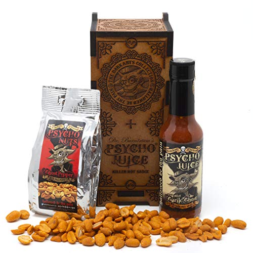 Psycho Juice Dark Arts Holz-Chilisauce & Nüsse Geschenk-Set | Gerösteter Knoblauch, Geister, Pfeffer, Sauce | 148 ml | Psychonüsse | Naga bedeckte würzige Erdnüsse von Psycho Juice