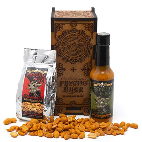 Psycho Juice Dark Arts Holz-Chilisauce & Nüsse Geschenk-Set | Hot Senf Sauce | 148 ml | Psychonüsse | Naga bedeckte würzige Erdnüsse von Psycho Juice