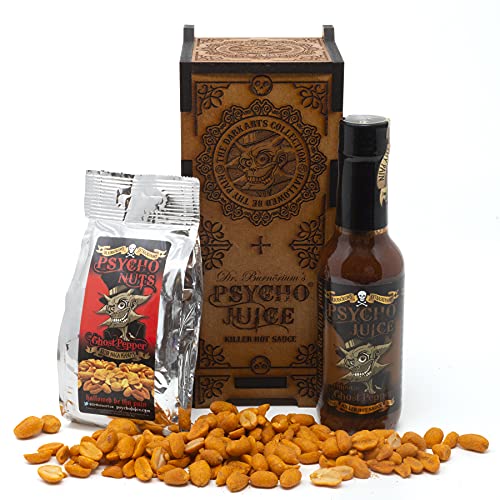 Psycho Juice Dark Arts Holz-Chilli-Sauce & Nüsse Geschenk-Set | Chipotle-Sauce | 148 ml | Psycho-Nüsse | Naga-bedeckte würzige Erdnüsse von Psycho Juice