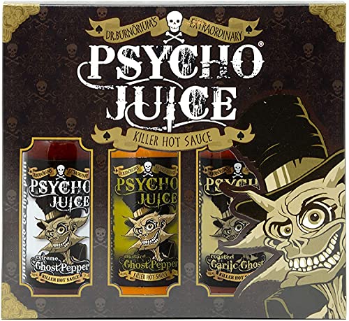 Psycho Juice Geschenkbox 3 Scharfe Chilisaucen - Extreme, Mustard, Roasted Garlic von Psycho Juice