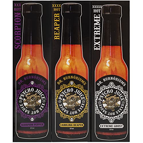 Psycho Juice Hot Chilli Pepper Soßen, 3 x 59 ml Flaschen, 3 Stück von Psycho Juice