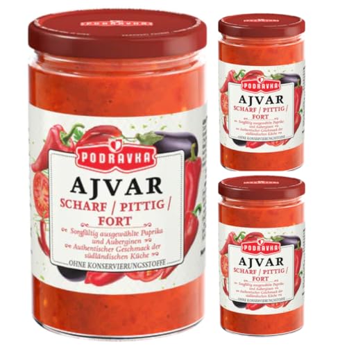 Ajvar scharf Glas Gemüsedip eine köstliche, traditionelle Beilage Soße Sauce 350 gramm x 3 STÜCK von Pufai