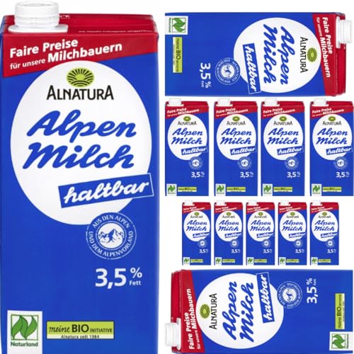 Alnatura Alpenmilch haltbar 3,5% Fett Milch Haltbare 1000 mililiter x 12 Stück + Pufai von Pufai