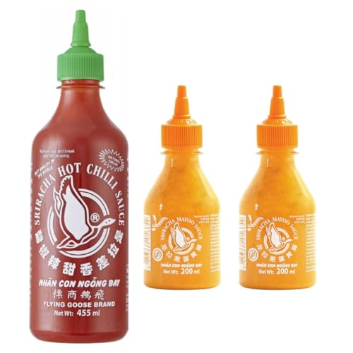 FLYING GOOSE Sriracha scharfe Chilisauce - scharf & süß, orange Kappe, 1er Pack (1 x 455 ml) & Sriracha Mayoo Sauce - Mayonnaise, leicht scharf, orange Kappe, 2er Pack (2 x 200ml) von Pufai