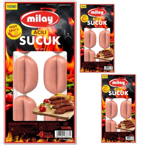Milay, Scharfe Knoblauchwurst Sucuk (nach Türkischer Art), Delicious- Grillwurst Wurst 1000 Gramm x 3 Stück von Pufai