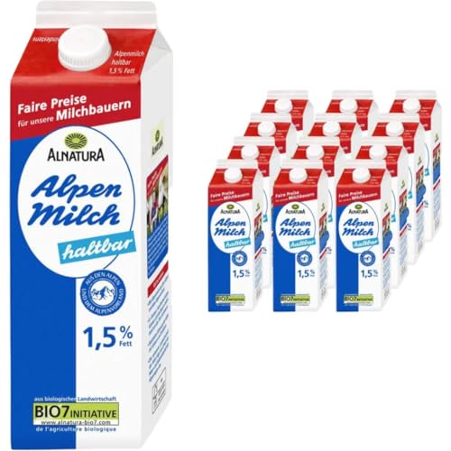 Milch Alnatura fettarme H-Milch 1,5% Fett Haltbare Milch Alpenmilch, je 1 Liter, 12 Stück von Pufai