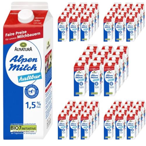Milch Alnatura fettarme H-Milch 1,5% Fett Haltbare Milch Alpenmilch, je 1 Liter, 60 Stück von Pufai