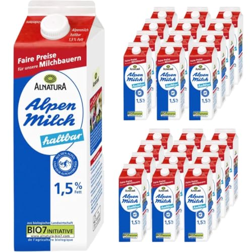Milch Alnatura fettarme H-Milch 1,5% Fett Haltbare Milch Alpenmilch Milch, je 1 Liter, 24 Stück von Pufai