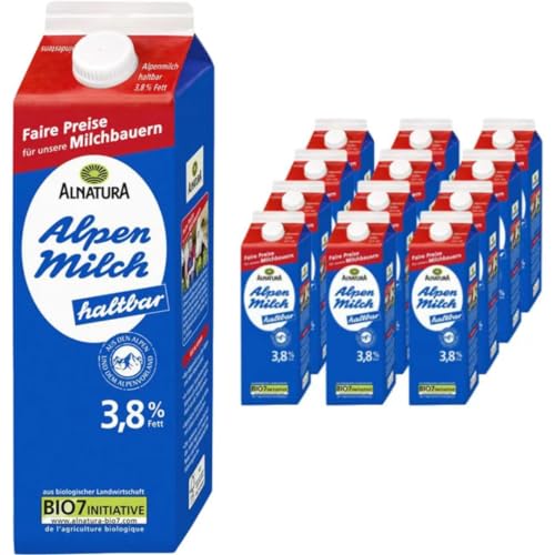 Milch Alnatura fettarme H-Milch 3,8% Fett Haltbare Milch Alpenmilch, je 1 Liter, 12 Stück von Pufai
