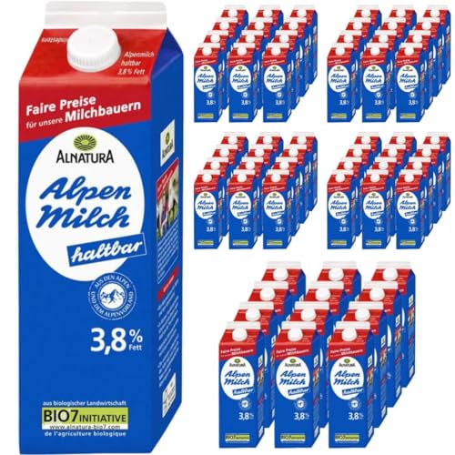 Milch Alnatura fettarme H-Milch 3,8% Fett Haltbare Milch Alpenmilch, je 1 Liter, 60 Stück von Pufai