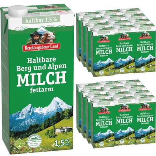 Milch Berchtesgadener Alpenmilch Land H-Milch 1,5% Fett Haltbare Milch Bergbauern-Milch, je 1 Liter, 24 Stück+ pufai von Pufai