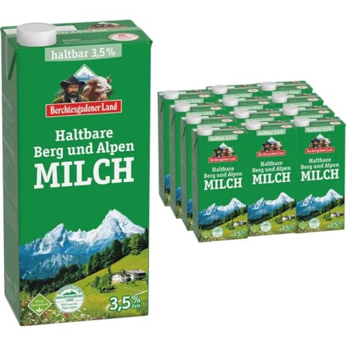 Milch Berchtesgadener Alpenmilch Land H-Milch 3,5% Fett Haltbare Milch Bergbauern-Milch, je 1 Liter, 12 Stück+ pufai von Pufai