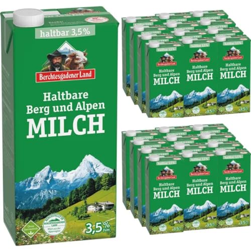 Milch Berchtesgadener Alpenmilch Land H-Milch 3,5% Fett Haltbare Milch Bergbauern-Milch, je 1 Liter, 24 Stück+ pufai von Pufai