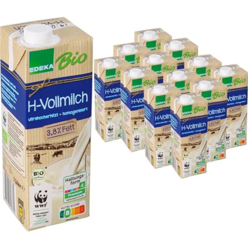 Milch Edeka H-Vollmilch 3,8% Fett, Haltbare Milch,je 1 Liter, 12 Stück + pufai von Pufai