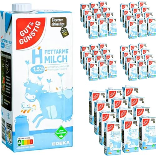 Milch Gut&Günstig fettarme H-Milch 1,5% Fett Haltbare Milch, je 1 Liter, 60 Stück von Pufai