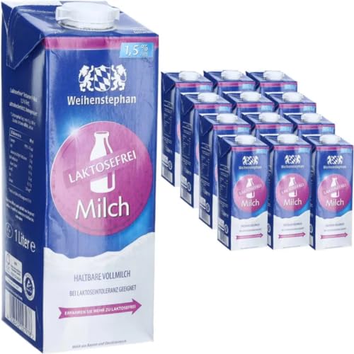 Milch Weihenstephan fettarme H-Milch 1,5% Fett laktosefrei, je 1 Liter, 12 Stück + Pufai von Pufai