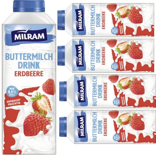 Milram Buttermilch Drink Erdbeer Milch 0,4% Fett.750 Mililiter x 5 STÜCK [Frischegarantie] von Pufai