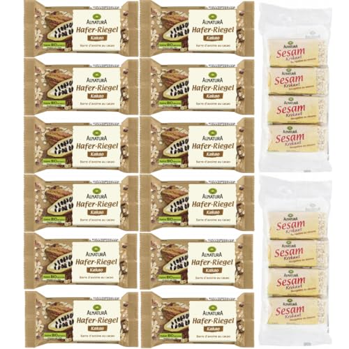 Mit Pufai Grocery, Hafer Riegel Kakao Ein Vollkorn-Hafer-Müsliriegel 60 Gramm x 12 Stück + Sesam Krokant Riegel x 2 STÜCK von Pufai