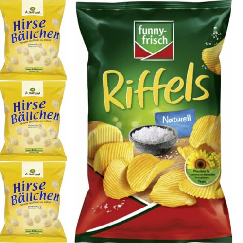 Mit Pufai Grocery, Hirsebällchen 75 gr x 3er + Funny-frisch Riffels naturell Chips Cracker 150 gramm x 1 Stück Mit Pufai Grocery, Hirsebällchen 75 gr x 3er + Funny-frisch Riffels naturell Chips Cracker 150 gramm x 1 Stück von Pufai