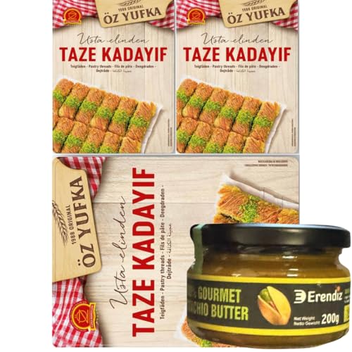 Pufai Erendiz 100% Pistazienpaste 200 Gramm, Kadayif Teigfäden Kadaifi, Teigstrang, spezielles für Dubai-Schokolade Kadayıf, Engelshaar 400 Gramm x 3 Packs Pufai Erendiz 100% Pistazienpaste 200 Gramm, Kadayif Teigfäden Kadaifi, Teigstrang, spezielles für Dubai-Schokolade Kadayıf, Engelshaar 400 Gramm x 3 Packs von Pufai